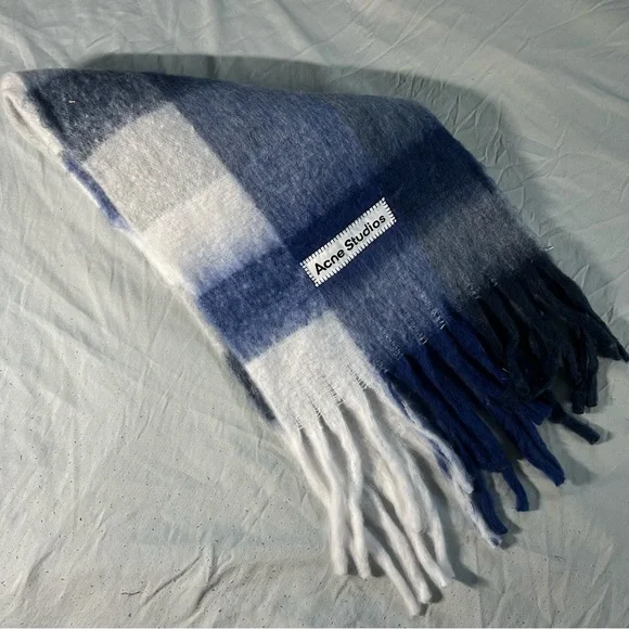 Acne Studios Blue and Gray Fringed Scarf - Picture 2 of 5